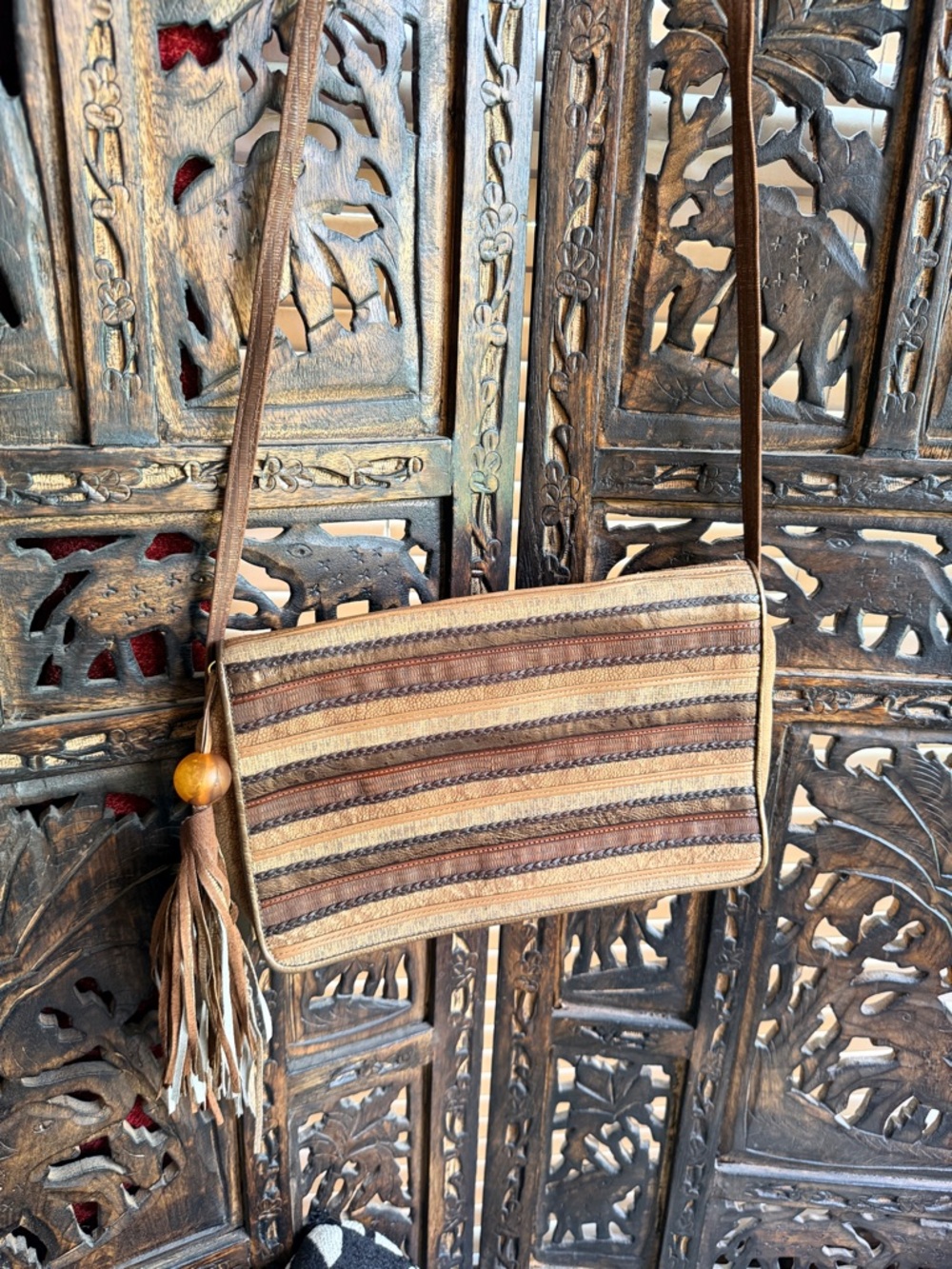 Sharif Striped Brown Leather-Trim Crossbody Bag with Tassel Vintage